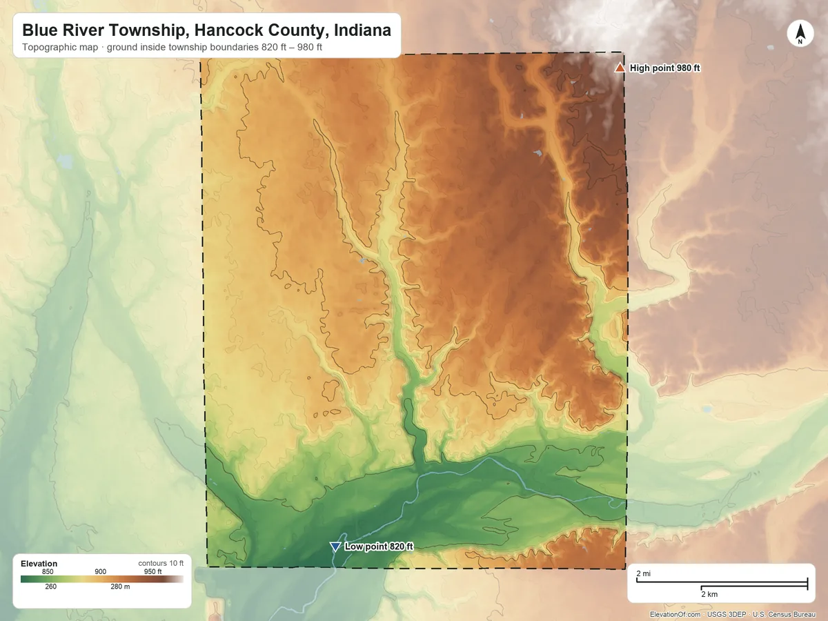 Topographic elevation map of Blue River Township, Hancock County, Indiana, shaded from 820 ft on the southwest side to 980 ft on the northeast side