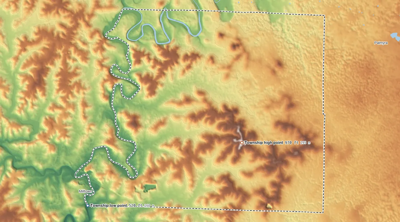 Topographic elevation map of Blue River Township, Harrison County, Indiana, shaded from 520 ft on the southwest side to 970 ft near the middle