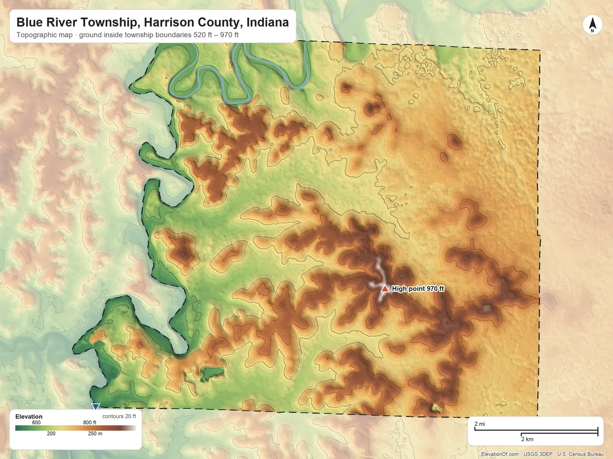 Topographic elevation map of Blue River Township, Harrison County, Indiana, shaded from 520 ft on the southwest side to 970 ft near the middle