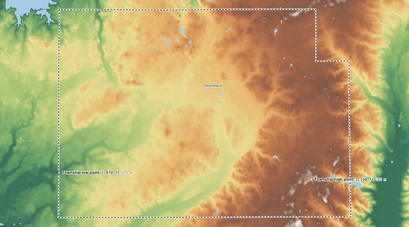Topographic elevation map of Blue River Township, Henry County, Indiana, shaded from 1,070 ft on the southwest side to 1,190 ft on the southeast side