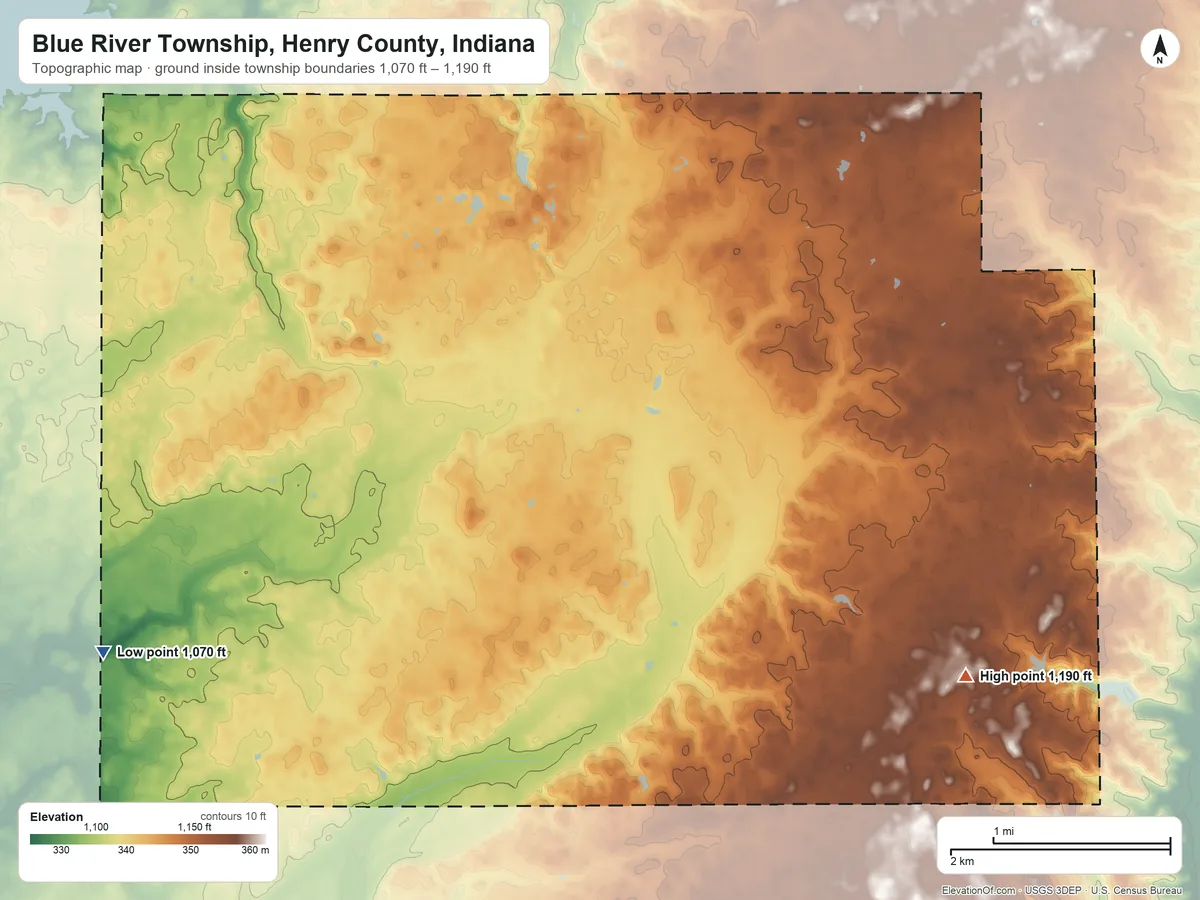 Topographic elevation map of Blue River Township, Henry County, Indiana, shaded from 1,070 ft on the southwest side to 1,190 ft on the southeast side