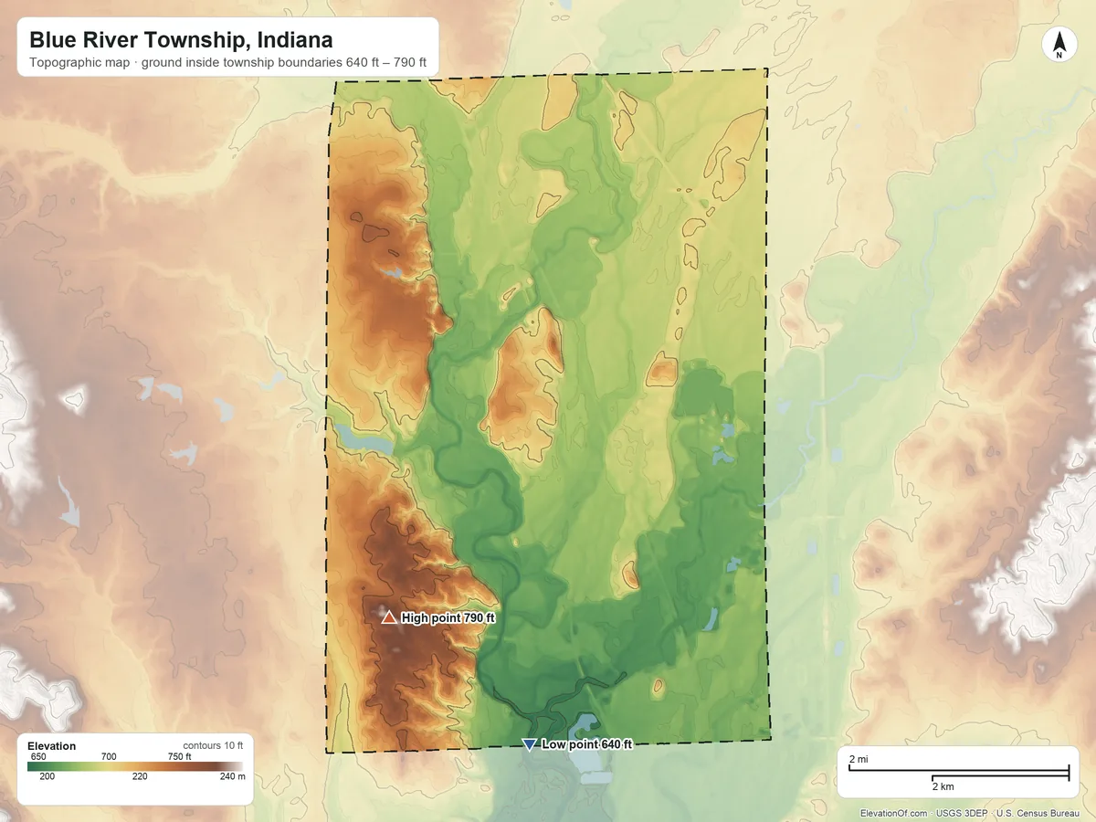 Topographic elevation map of Blue River Township, Indiana, shaded from 640 ft on the southwest side to 790 ft on the west side
