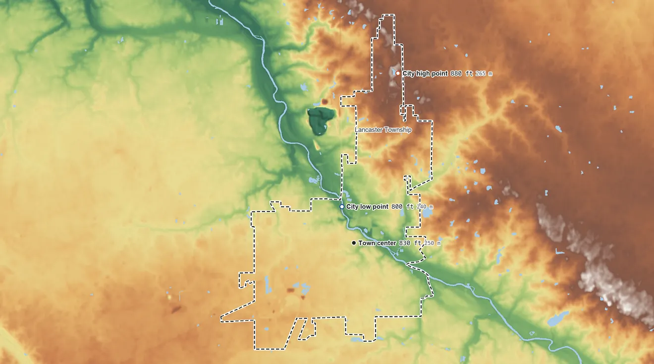 Topographic elevation map of Bluffton, Indiana, shaded from 800 ft near the middle to 880 ft on the north side