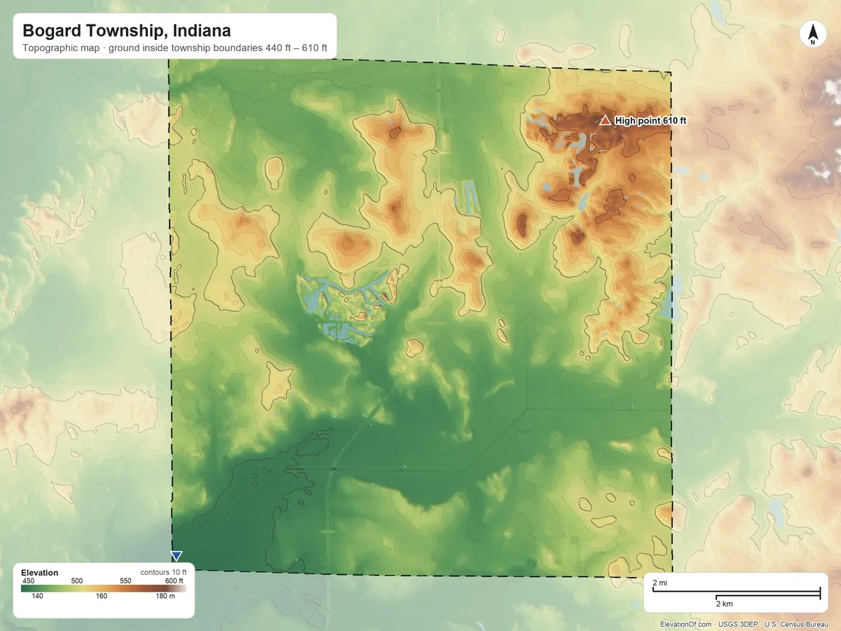 Topographic elevation map of Bogard Township, Indiana, shaded from 440 ft on the southwest side to 610 ft on the northeast side