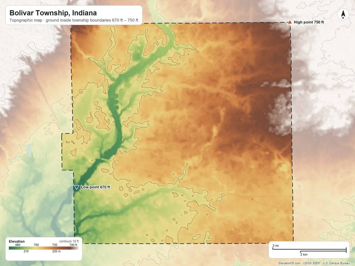 Topographic elevation map of Bolivar Township, Indiana, shaded from 670 ft on the west side to 750 ft on the north side