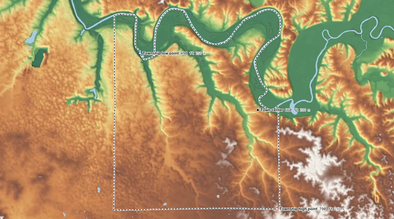 Topographic elevation map of Bono Township, Indiana, shaded from 490 ft on the northwest side to 790 ft on the south side