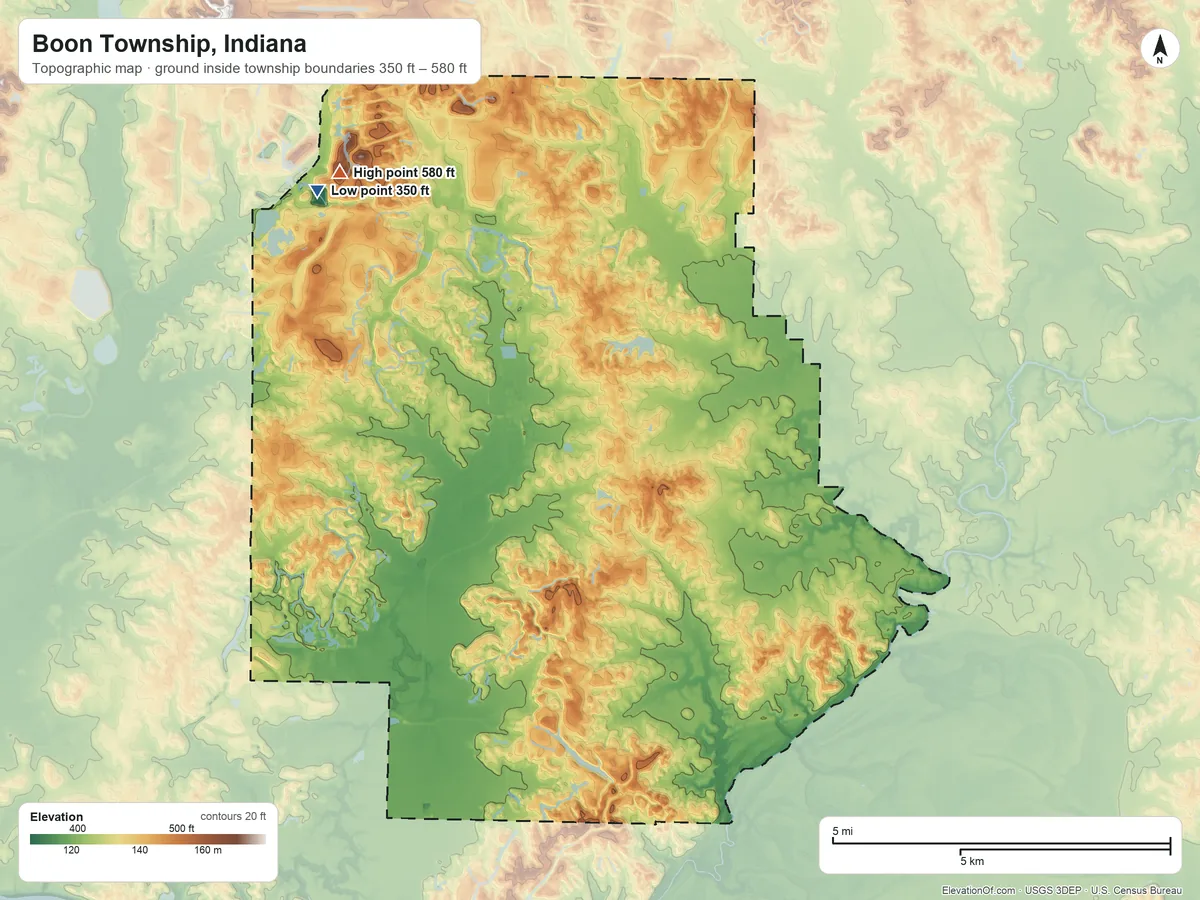 Topographic elevation map of Boon Township, Indiana, shaded from 350 ft on the northwest side to 580 ft on the northwest side