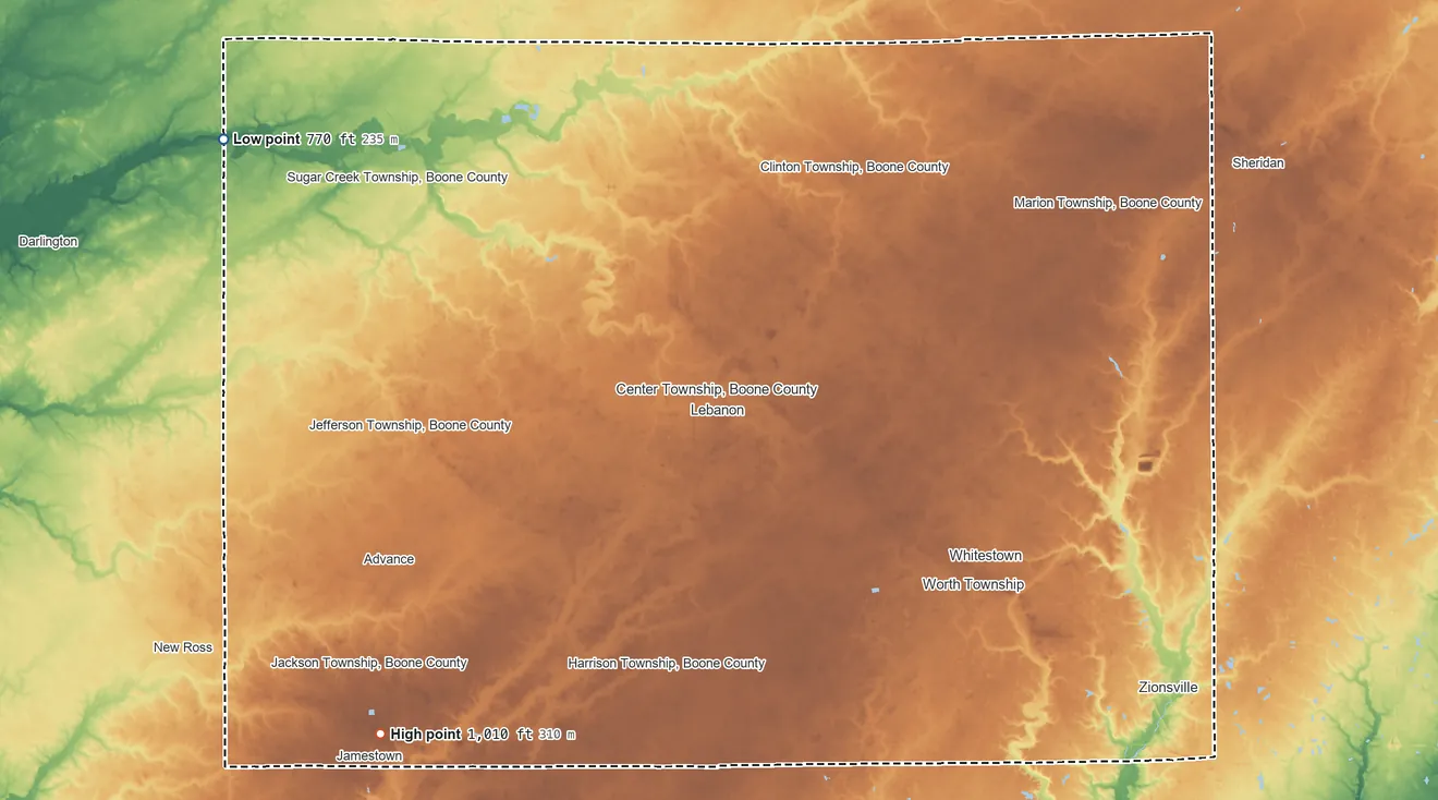Topographic elevation map of Boone County, Indiana, shaded from 770 ft on the northwest side to 1,010 ft on the southwest side