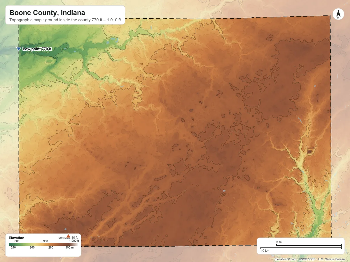 Topographic elevation map of Boone County, Indiana, shaded from 770 ft on the northwest side to 1,010 ft on the southwest side