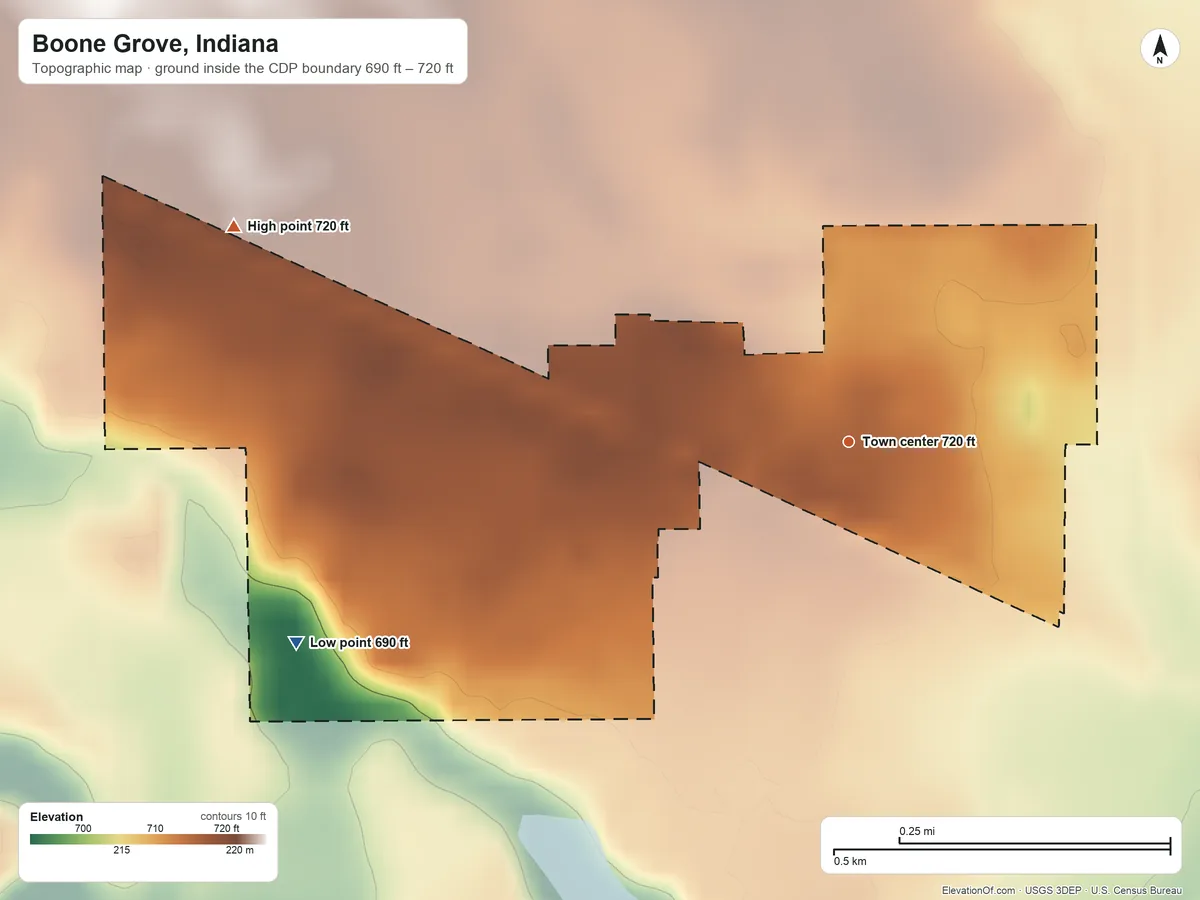 Topographic elevation map of Boone Grove, Indiana, shaded from 690 ft on the west side to 720 ft on the west side