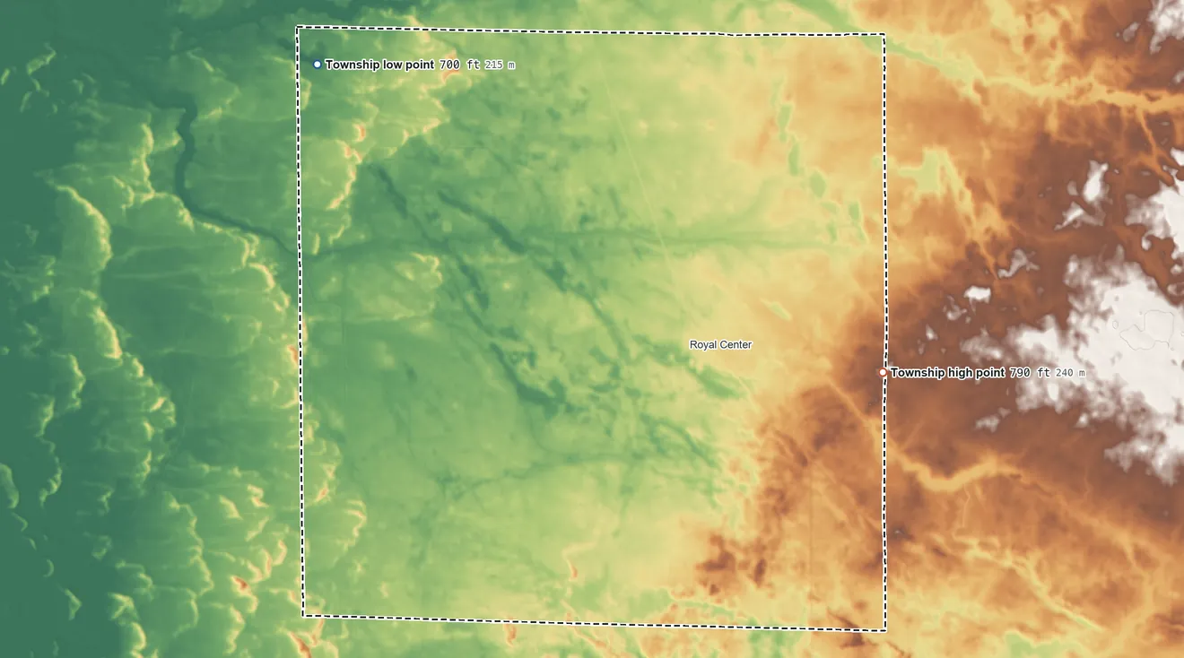 Topographic elevation map of Boone Township, Cass County, Indiana, shaded from 700 ft on the northwest side to 790 ft on the east side