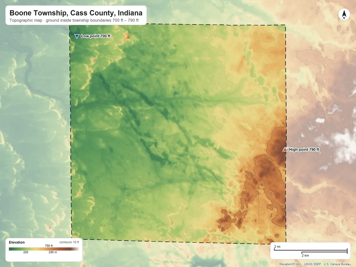 Topographic elevation map of Boone Township, Cass County, Indiana, shaded from 700 ft on the northwest side to 790 ft on the east side