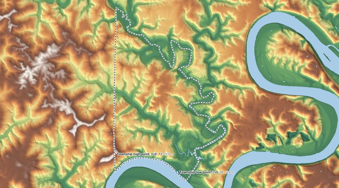 Topographic elevation map of Boone Township, Crawford County, Indiana, shaded from 390 ft on the south side to 840 ft on the southwest side