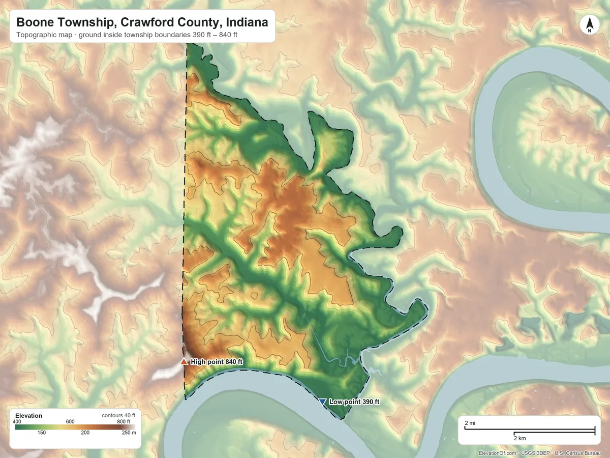 Topographic elevation map of Boone Township, Crawford County, Indiana, shaded from 390 ft on the south side to 840 ft on the southwest side