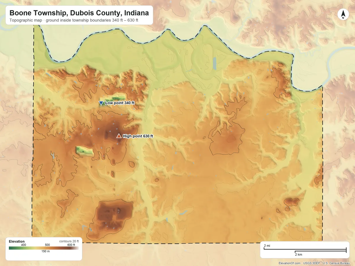 Topographic elevation map of Boone Township, Dubois County, Indiana, shaded from 340 ft on the northwest side to 630 ft on the northwest side