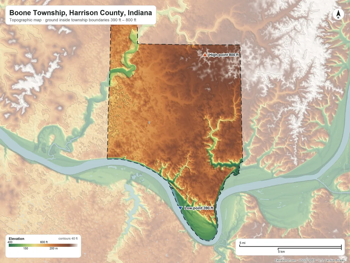 Topographic elevation map of Boone Township, Harrison County, Indiana, shaded from 390 ft on the south side to 800 ft on the northeast side