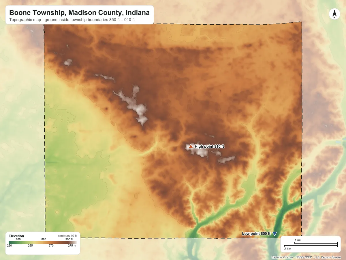 Topographic elevation map of Boone Township, Madison County, Indiana, shaded from 850 ft on the southeast side to 910 ft near the middle