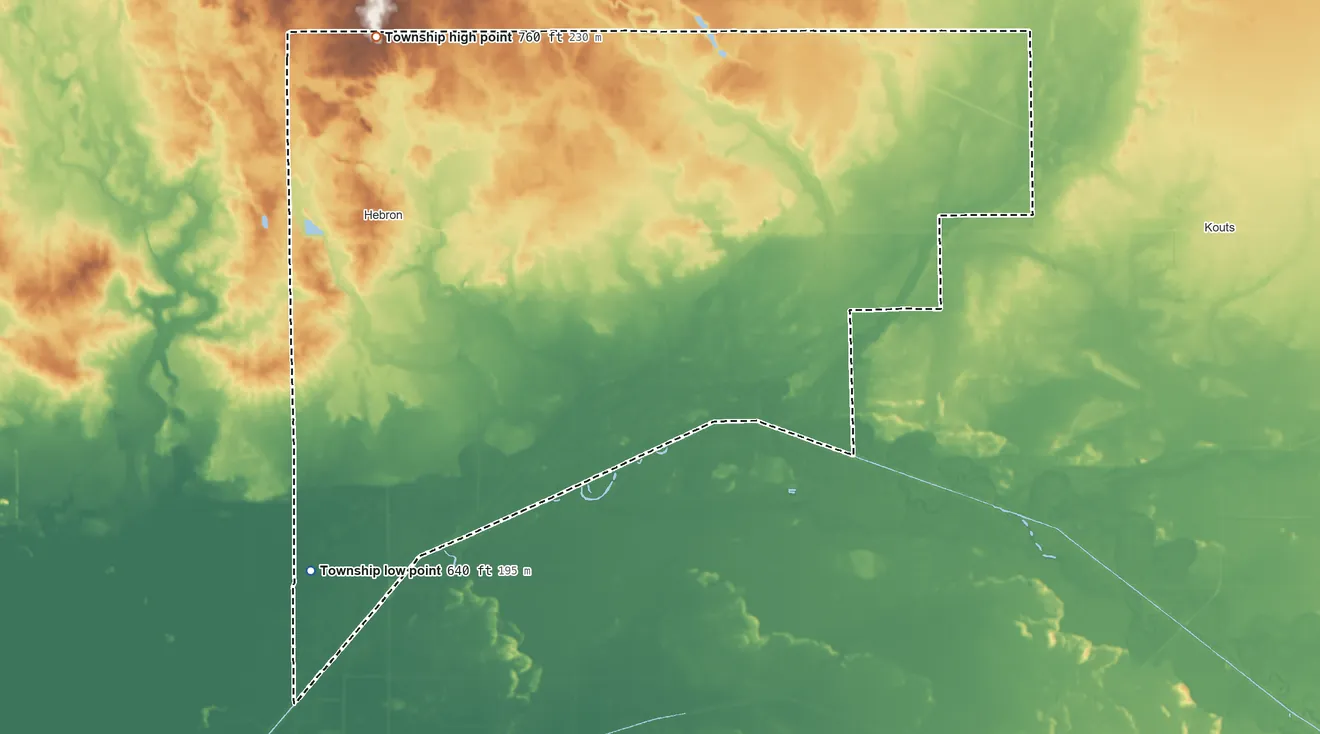 Topographic elevation map of Boone Township, Indiana, shaded from 640 ft on the south side to 760 ft on the northwest side