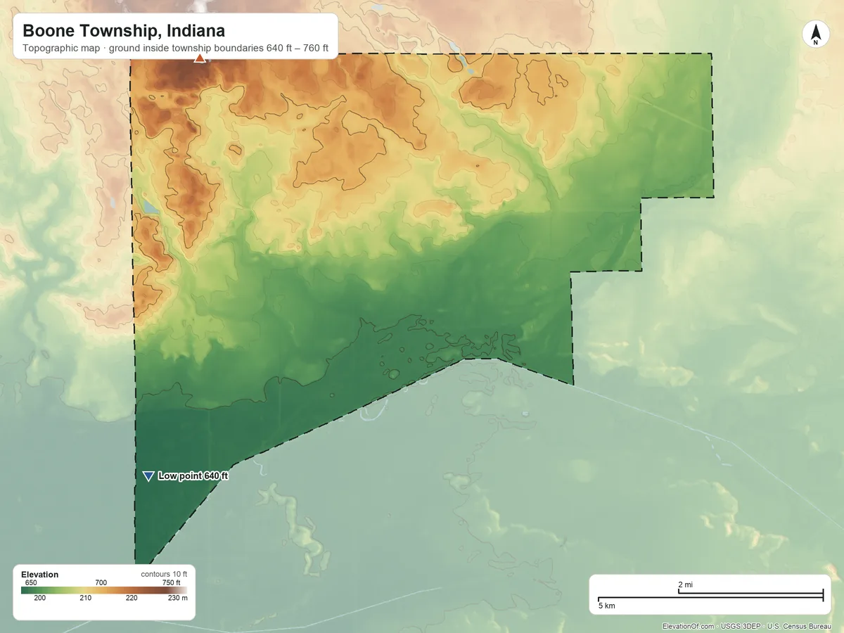 Topographic elevation map of Boone Township, Indiana, shaded from 640 ft on the south side to 760 ft on the northwest side