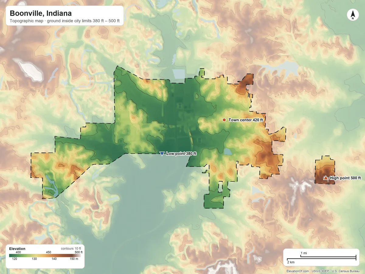 Topographic elevation map of Boonville, Indiana, shaded from 380 ft on the southwest side to 500 ft on the southeast side