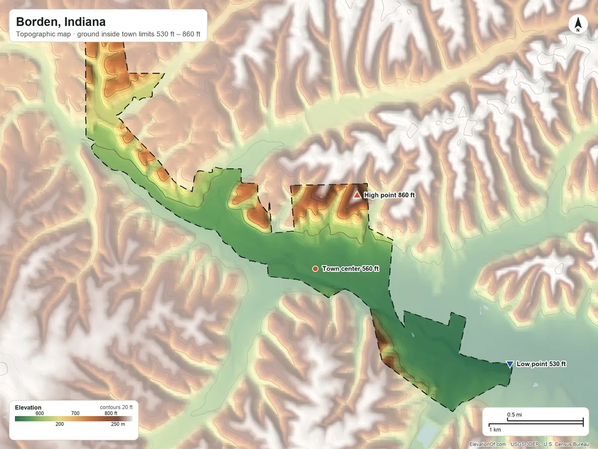 Topographic elevation map of Borden, Indiana, shaded from 530 ft on the southeast side to 860 ft on the northeast side