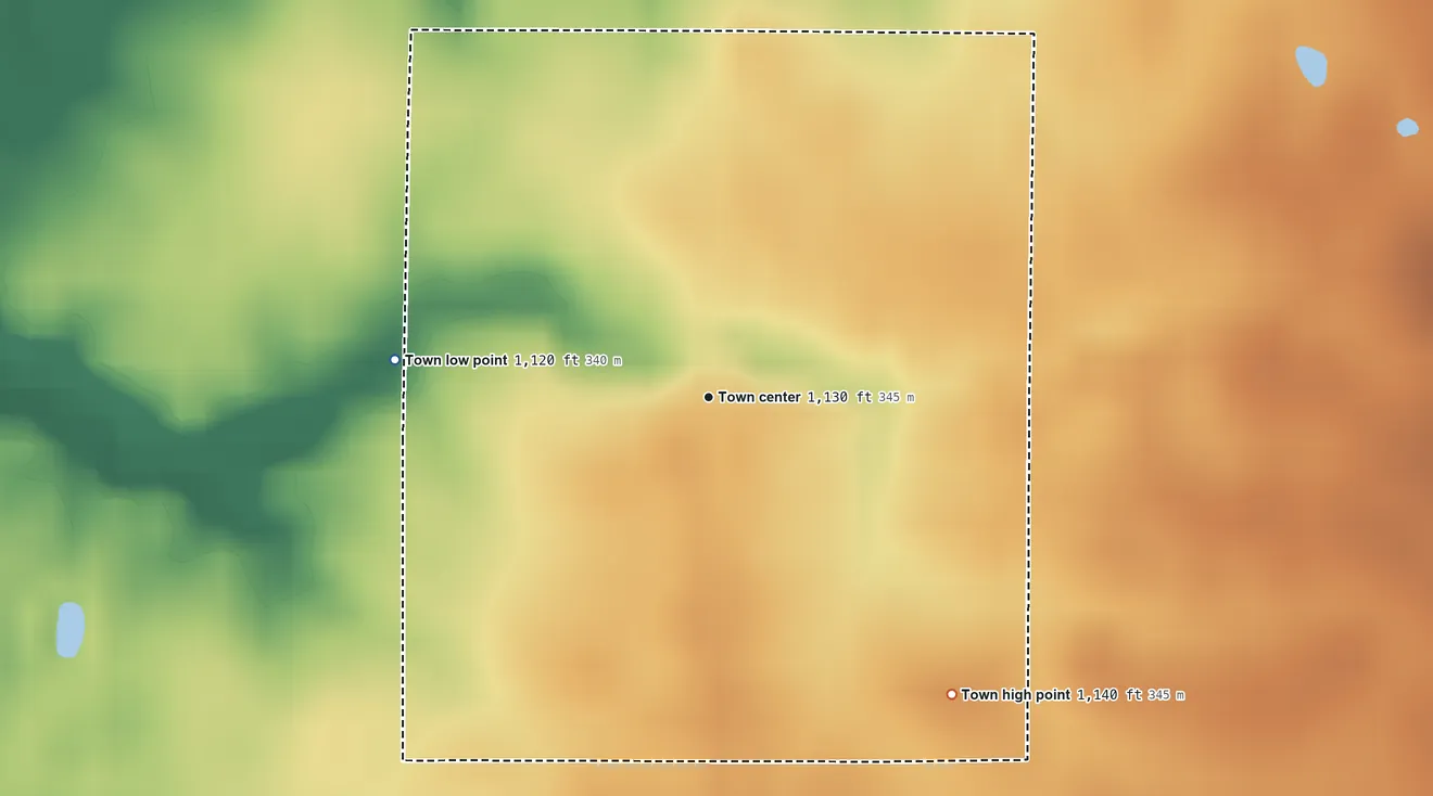 Topographic elevation map of Boston, Indiana, shaded from 1,120 ft on the west side to 1,140 ft on the southeast side