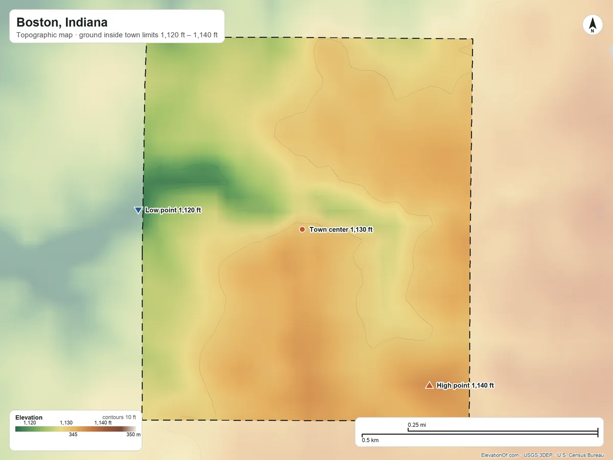 Topographic elevation map of Boston, Indiana, shaded from 1,120 ft on the west side to 1,140 ft on the southeast side