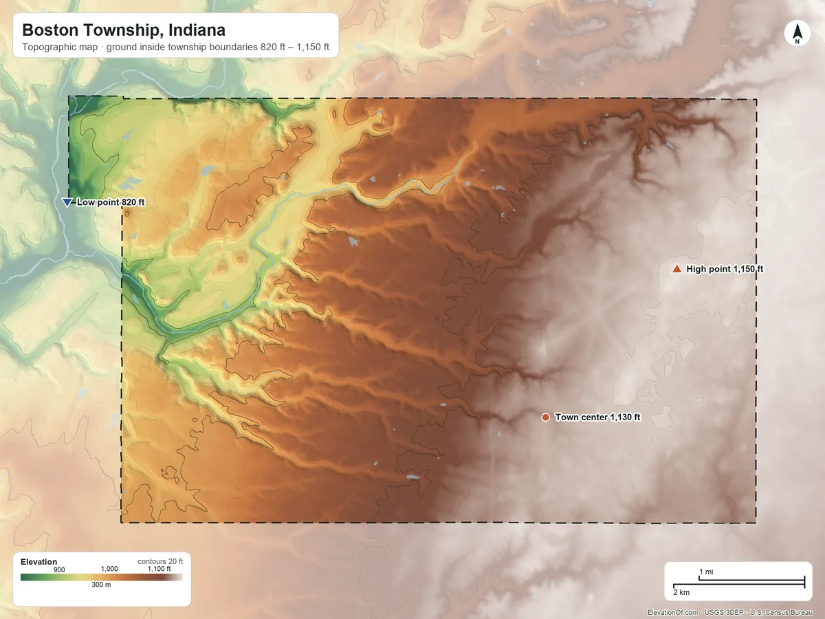 Topographic elevation map of Boston Township, Indiana, shaded from 820 ft on the northwest side to 1,150 ft on the northeast side