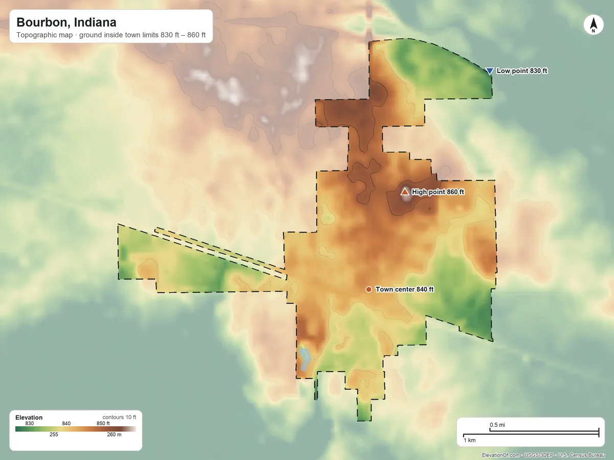 Topographic elevation map of Bourbon, Indiana, shaded from 830 ft on the northeast side to 860 ft on the north side