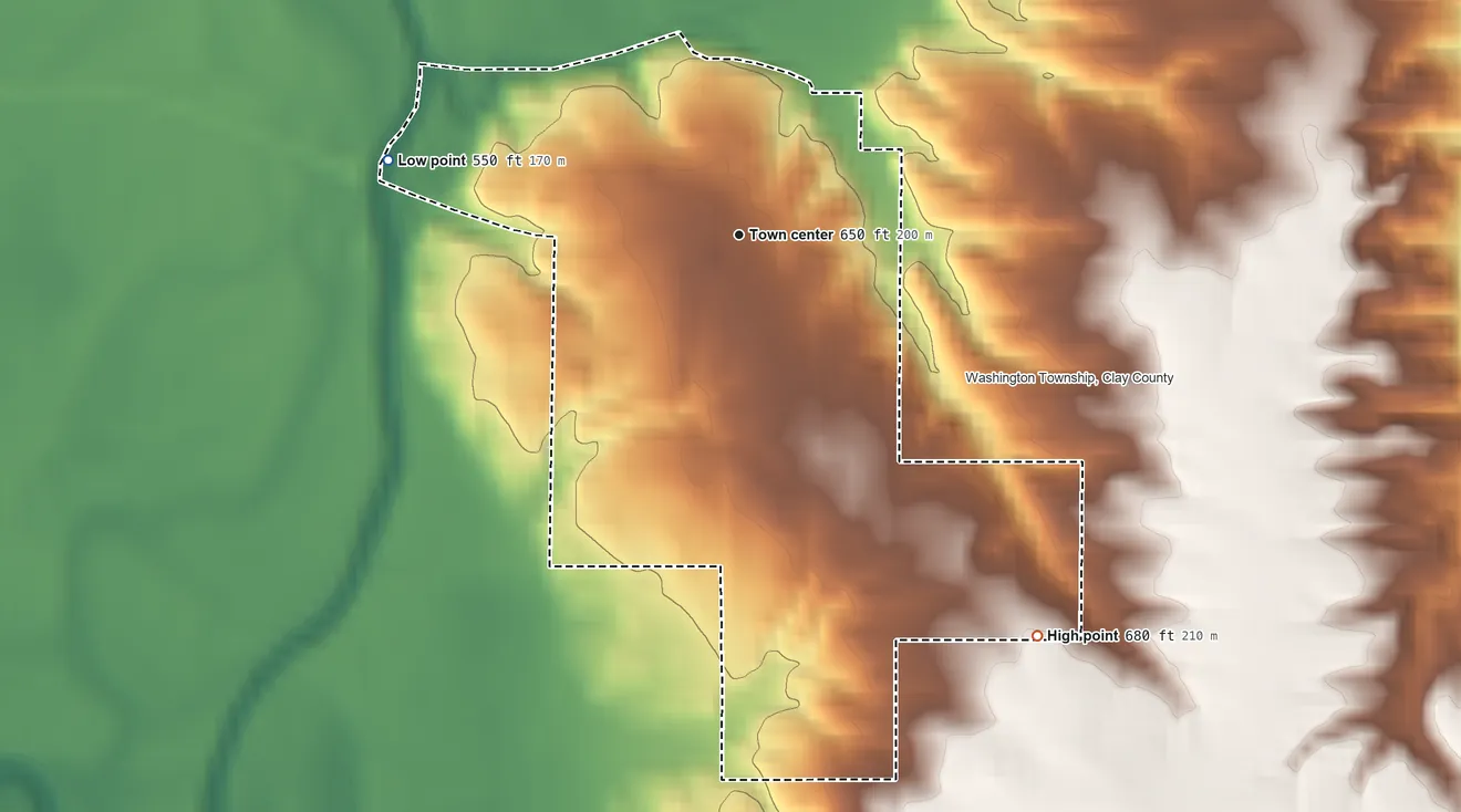 Topographic elevation map of Bowling Green, Indiana, shaded from 550 ft on the west side to 680 ft on the southeast side