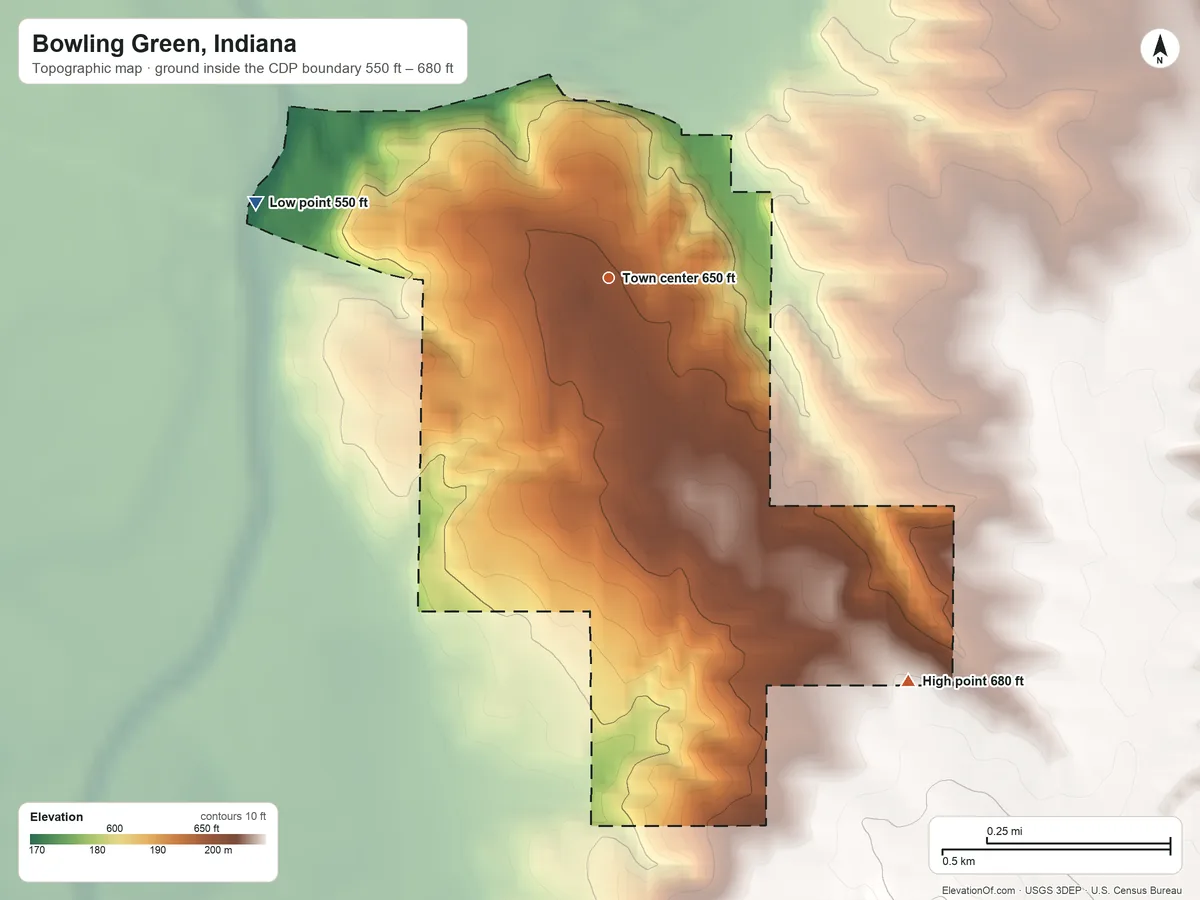 Topographic elevation map of Bowling Green, Indiana, shaded from 550 ft on the west side to 680 ft on the southeast side