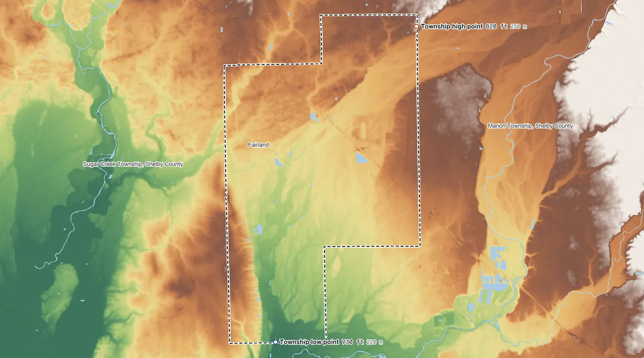 Topographic elevation map of Brandywine Township, Shelby County, Indiana, shaded from 730 ft on the south side to 820 ft on the northeast side