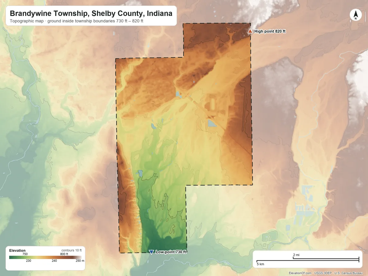 Topographic elevation map of Brandywine Township, Shelby County, Indiana, shaded from 730 ft on the south side to 820 ft on the northeast side