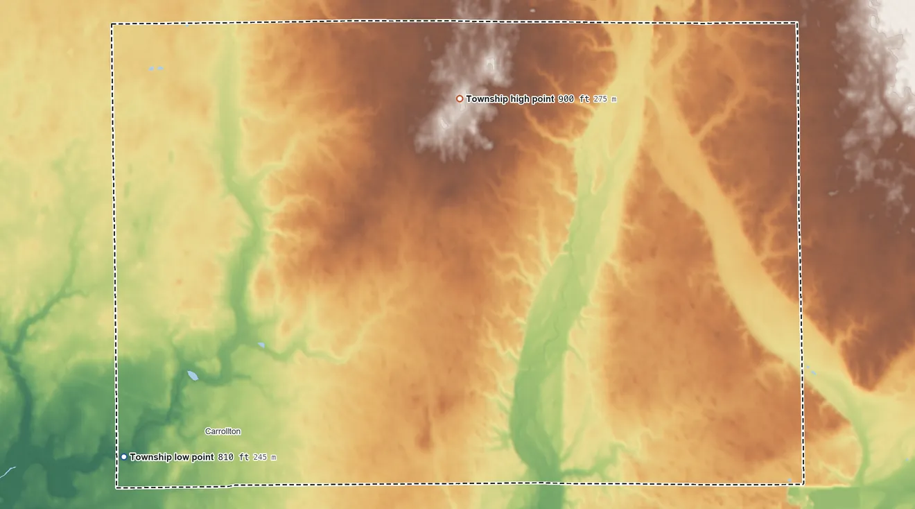 Topographic elevation map of Brandywine Township, Indiana, shaded from 810 ft on the southwest side to 900 ft on the north side