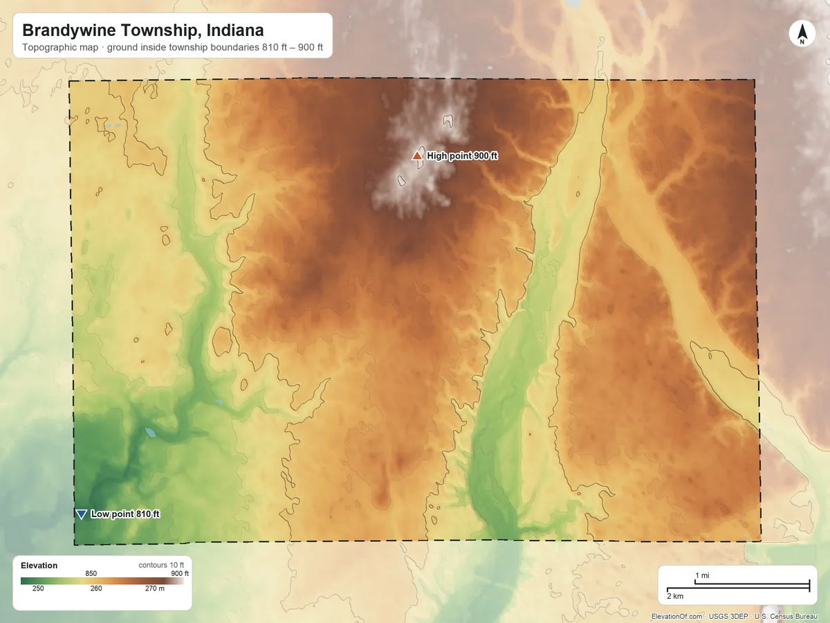 Topographic elevation map of Brandywine Township, Indiana, shaded from 810 ft on the southwest side to 900 ft on the north side