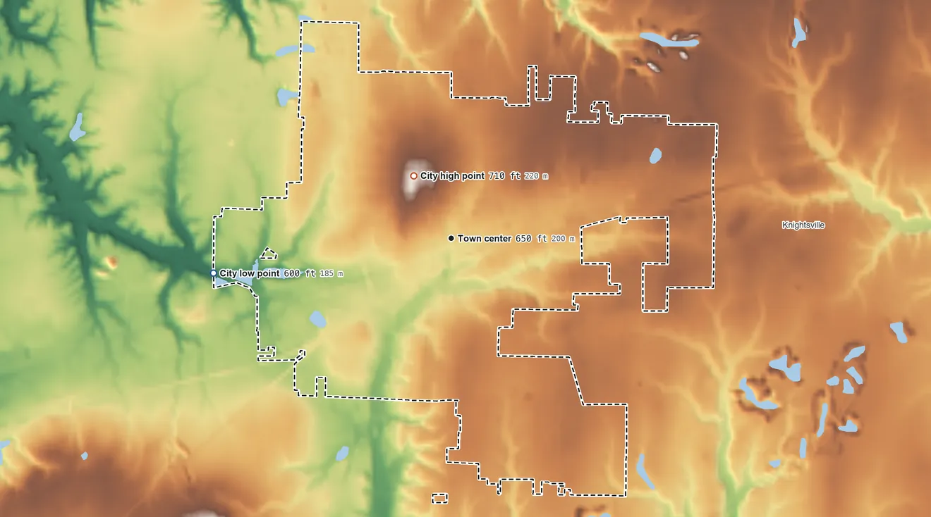 Topographic elevation map of Brazil, Indiana, shaded from 600 ft on the west side to 710 ft on the northwest side