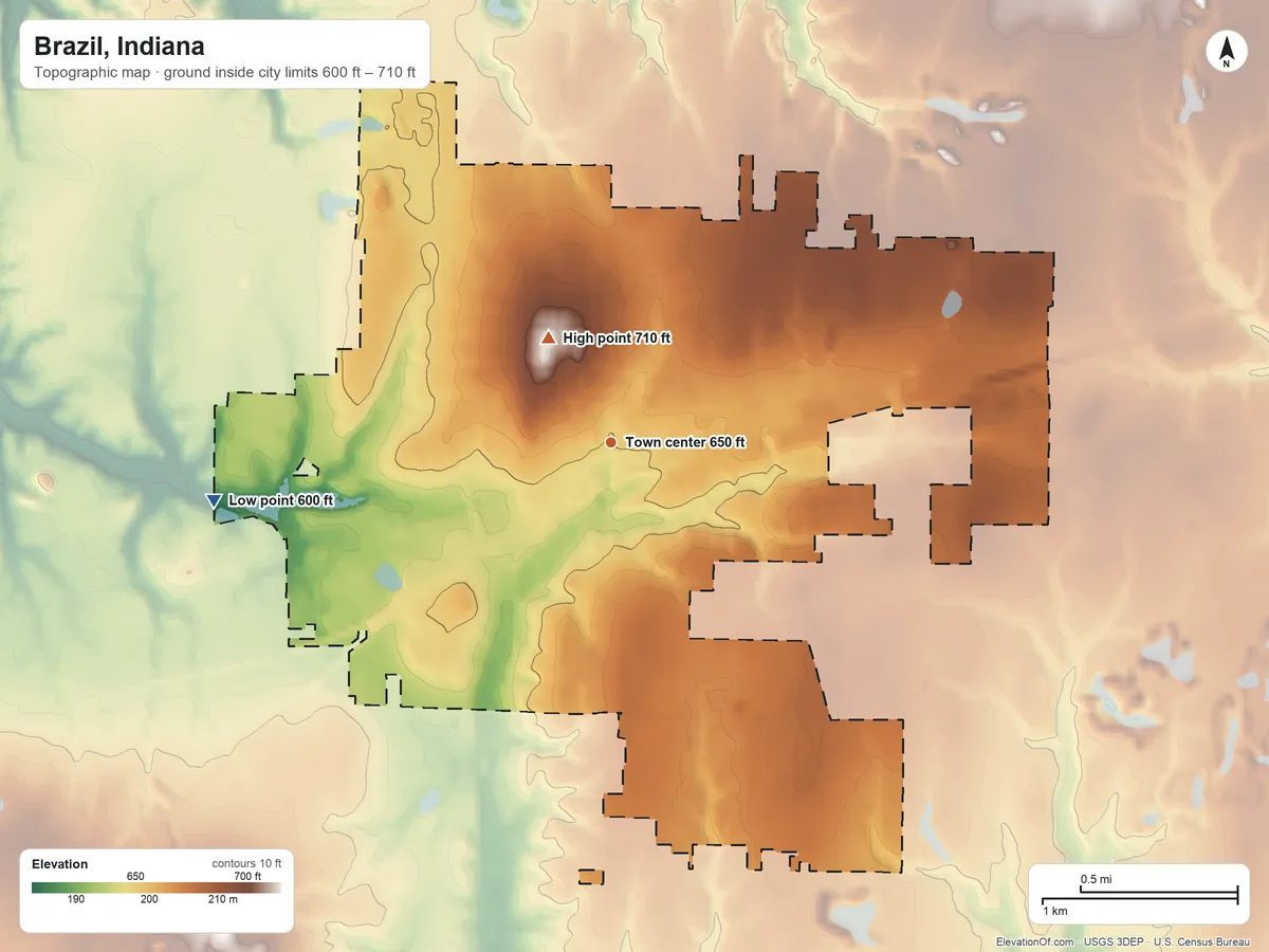 Topographic elevation map of Brazil, Indiana, shaded from 600 ft on the west side to 710 ft on the northwest side