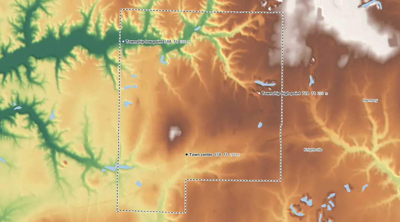 Topographic elevation map of Brazil Township, Indiana, shaded from 580 ft on the northwest side to 720 ft on the northeast side