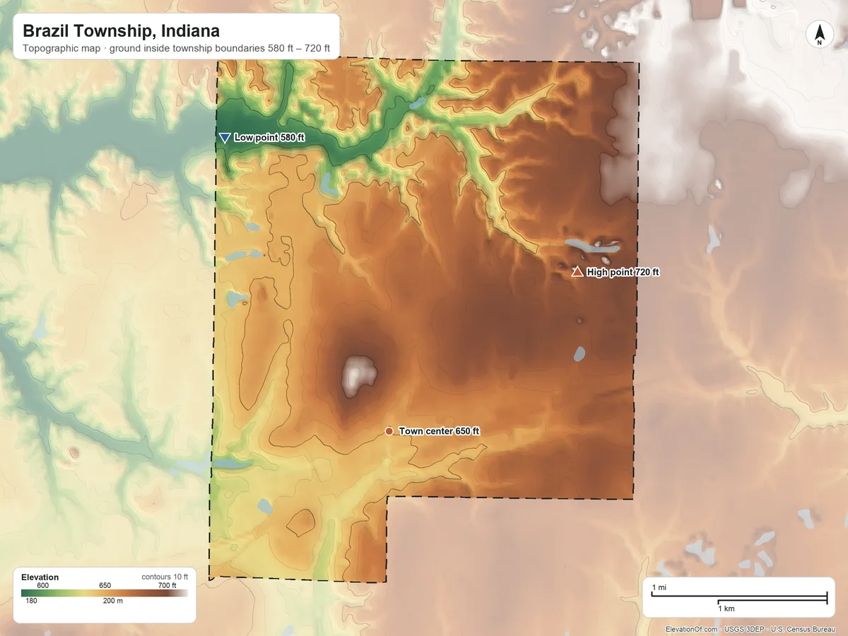 Topographic elevation map of Brazil Township, Indiana, shaded from 580 ft on the northwest side to 720 ft on the northeast side