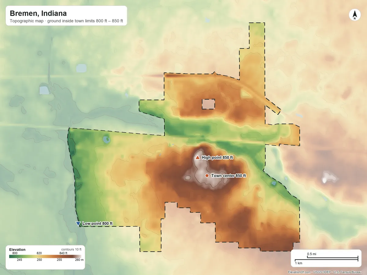 Topographic elevation map of Bremen, Indiana, shaded from 800 ft on the west side to 850 ft near the middle
