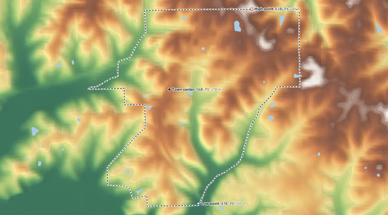 Topographic elevation map of Bretzville, Indiana, shaded from 470 ft on the south side to 610 ft on the northeast side