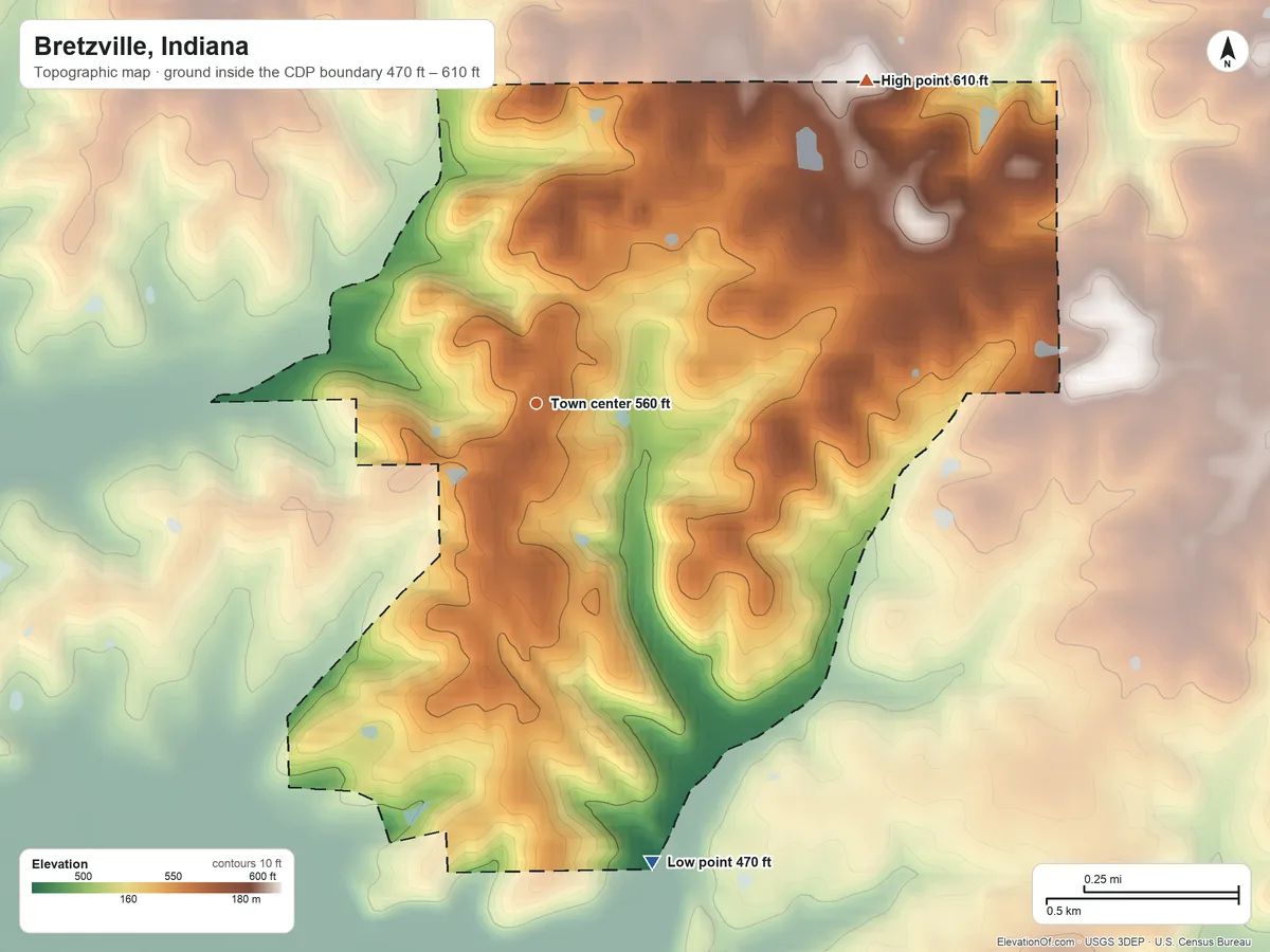Topographic elevation map of Bretzville, Indiana, shaded from 470 ft on the south side to 610 ft on the northeast side