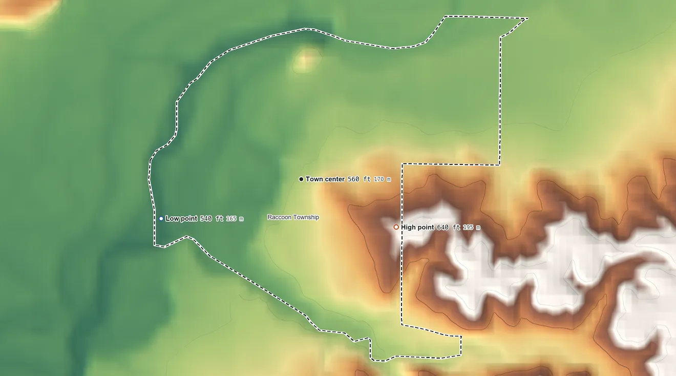 Topographic elevation map of Bridgeton, Indiana, shaded from 540 ft on the west side to 640 ft on the southeast side