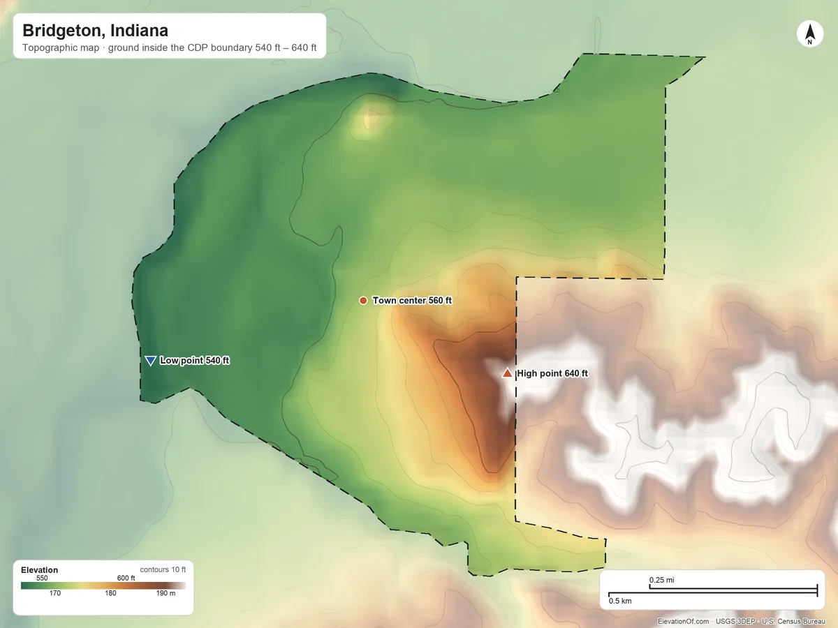 Topographic elevation map of Bridgeton, Indiana, shaded from 540 ft on the west side to 640 ft on the southeast side