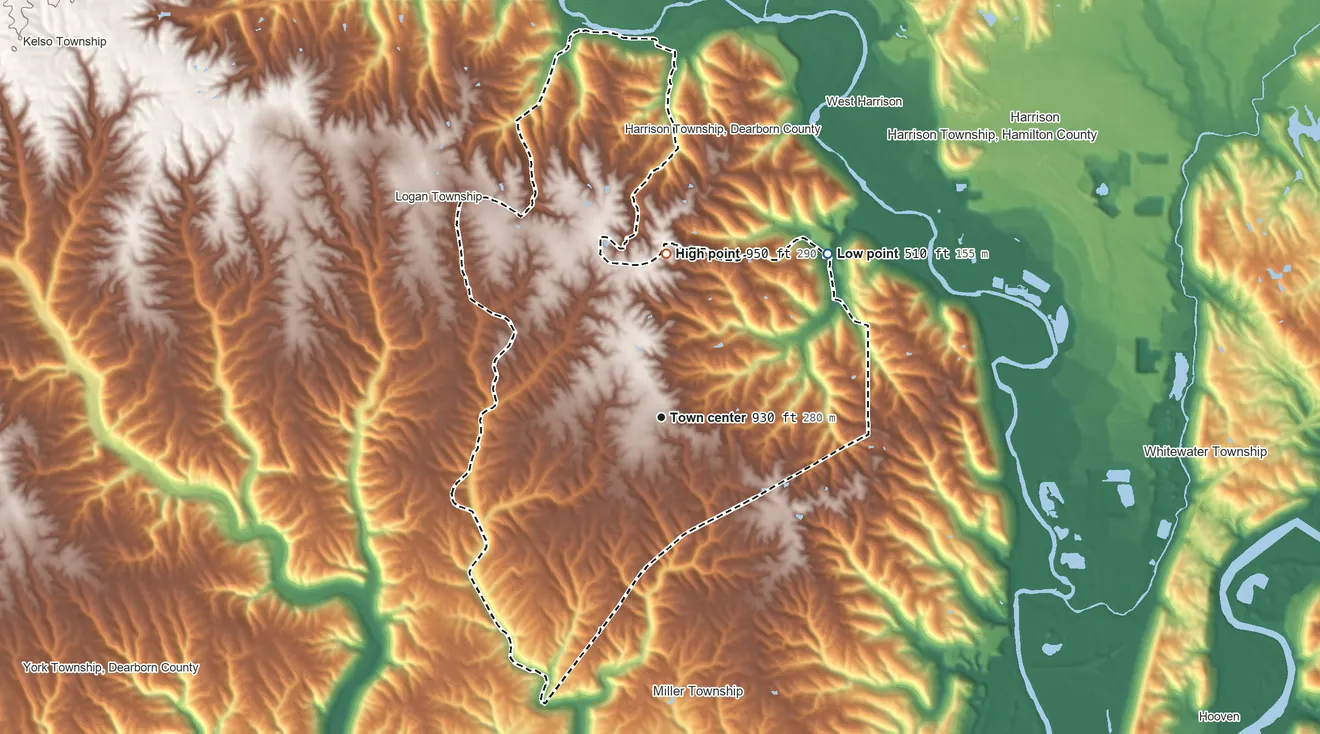 Topographic elevation map of Bright, Indiana, shaded from 510 ft on the northeast side to 950 ft on Harrison Hill