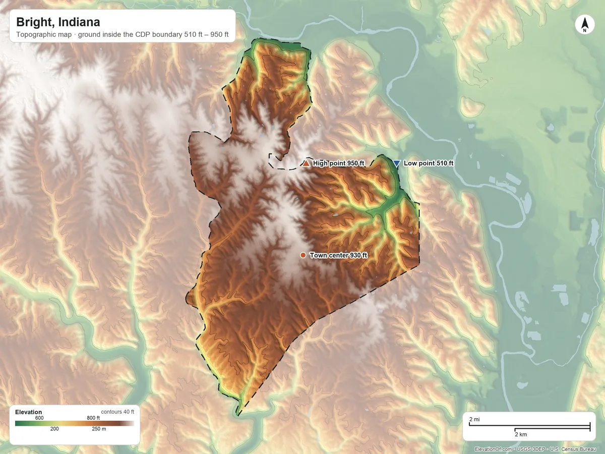 Topographic elevation map of Bright, Indiana, shaded from 510 ft on the northeast side to 950 ft on Harrison Hill