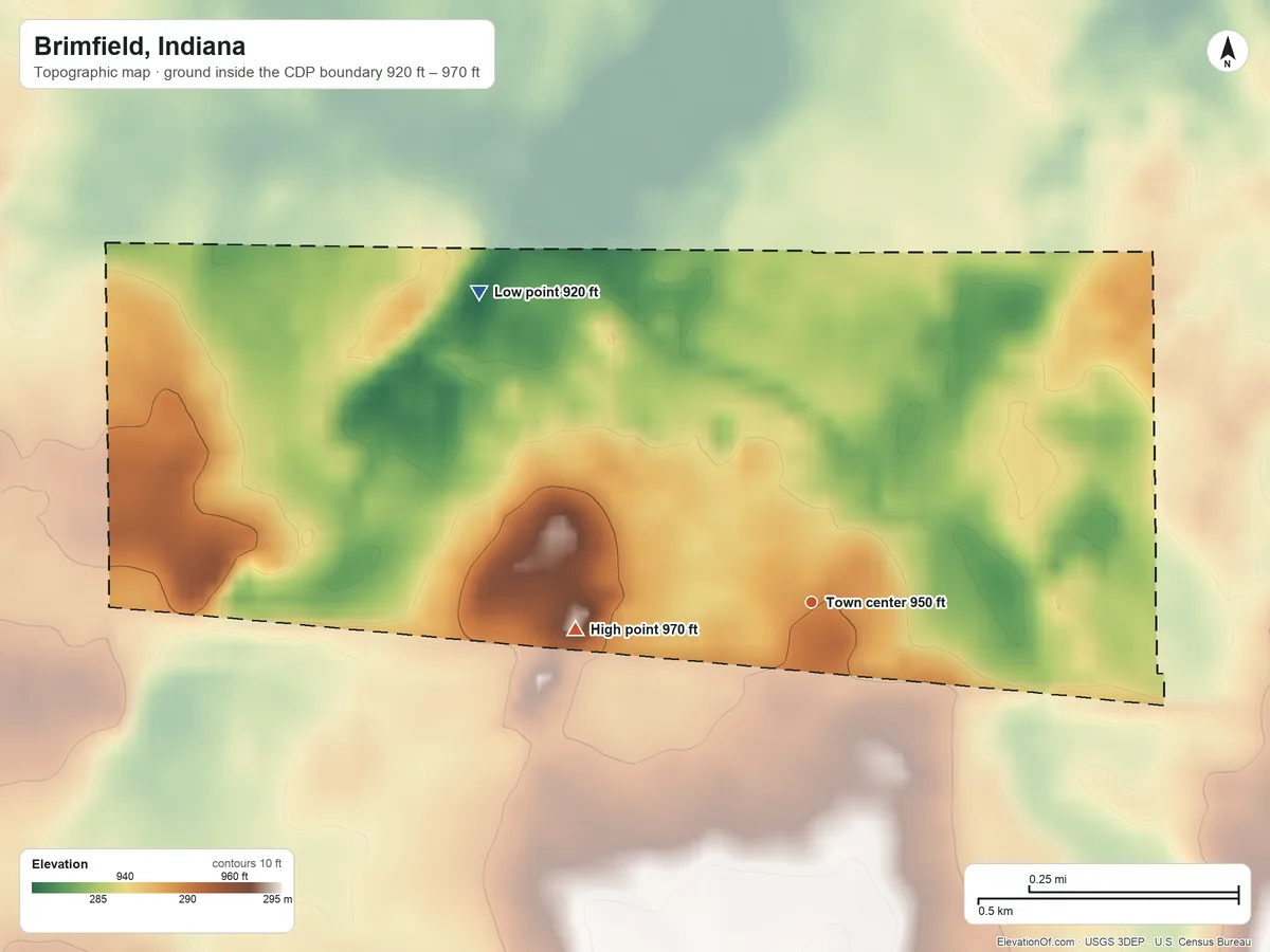 Topographic elevation map of Brimfield, Indiana, shaded from 920 ft on the northwest side to 970 ft on the west side