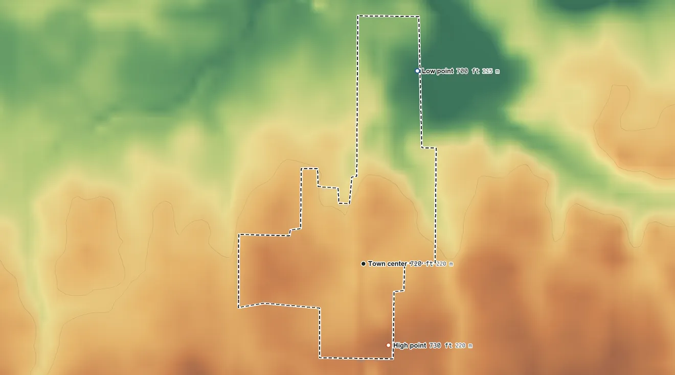 Topographic elevation map of Bringhurst, Indiana, shaded from 700 ft on the north side to 730 ft on the south side