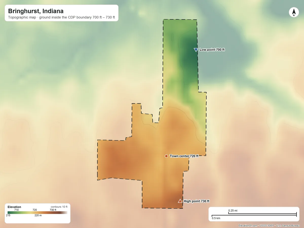 Topographic elevation map of Bringhurst, Indiana, shaded from 700 ft on the north side to 730 ft on the south side