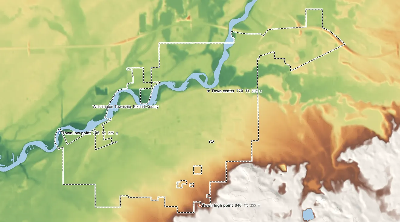 Topographic elevation map of Bristol, Indiana, shaded from 740 ft on the west side to 840 ft on the south side